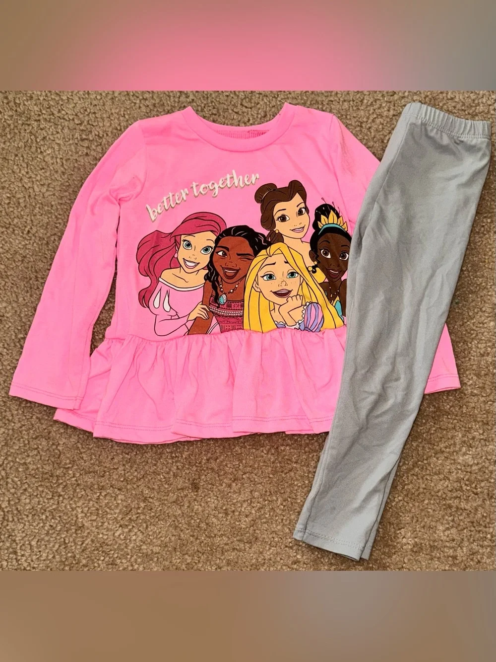 Disney Girls Pink 'Better Together' Princess Peplum Top with Gray Leggings